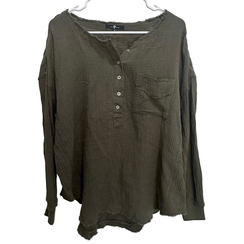 7 For All Mankind Green Henley Top Gauze Oversized Fit Women’s Size XS - Picture 2 of 7